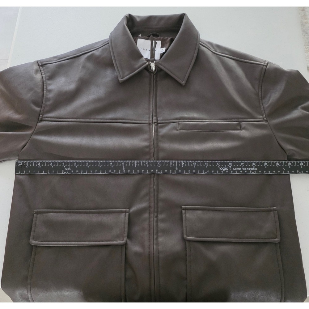 Topman Mens Dark Brown Faux Vegan Leather Trucker Jacket Size S Quilted Lined - Picture 6 of 14